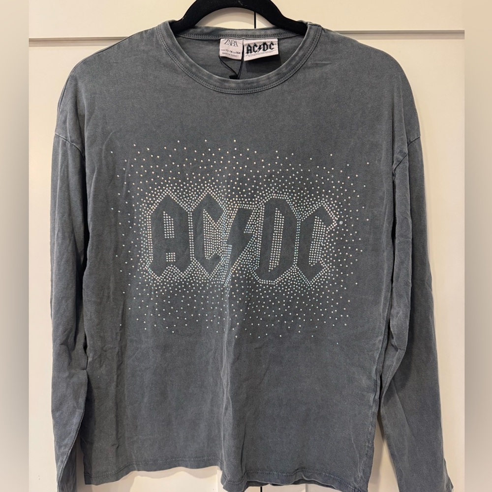 Zara girls anthracite grey AC/DC acid wash long sleeve T-shirt NWT size 13/14